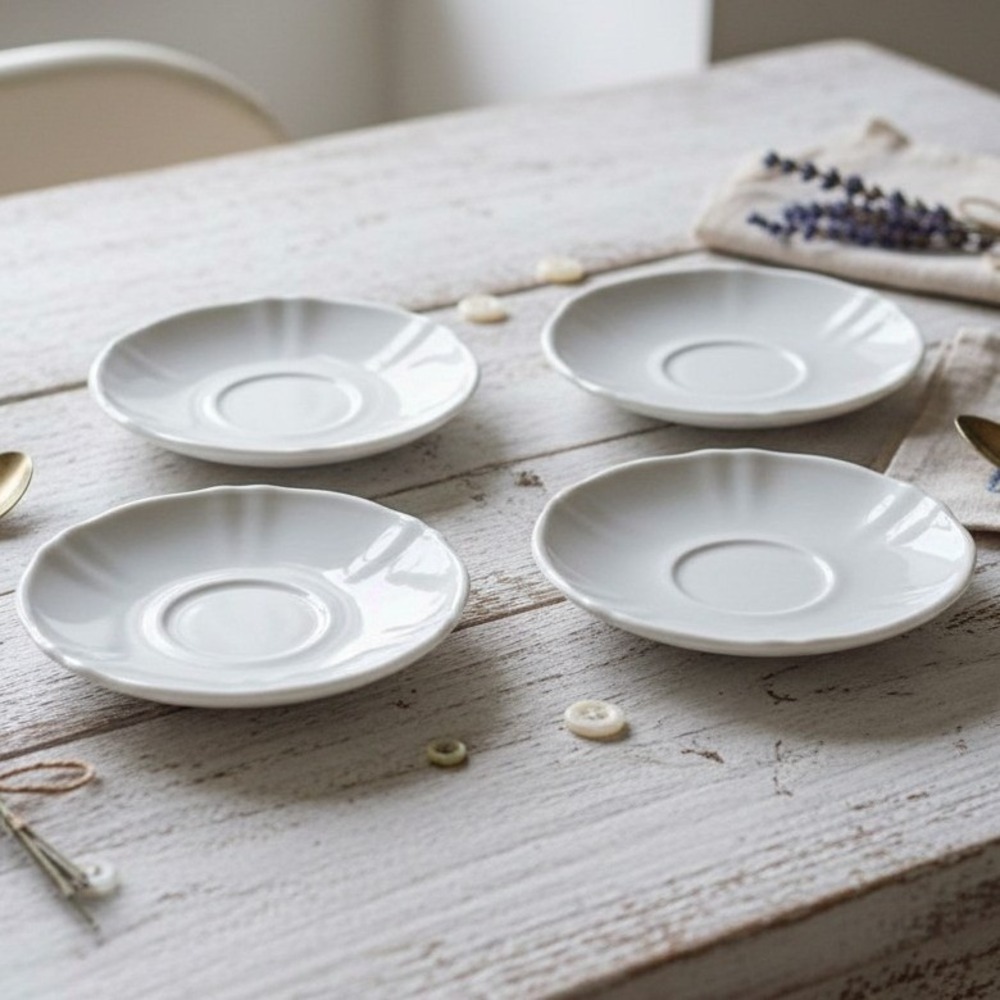 Arcopal France Trianon Milk Glass Saucers, Set of 4, Vintage Scalloped Tableware